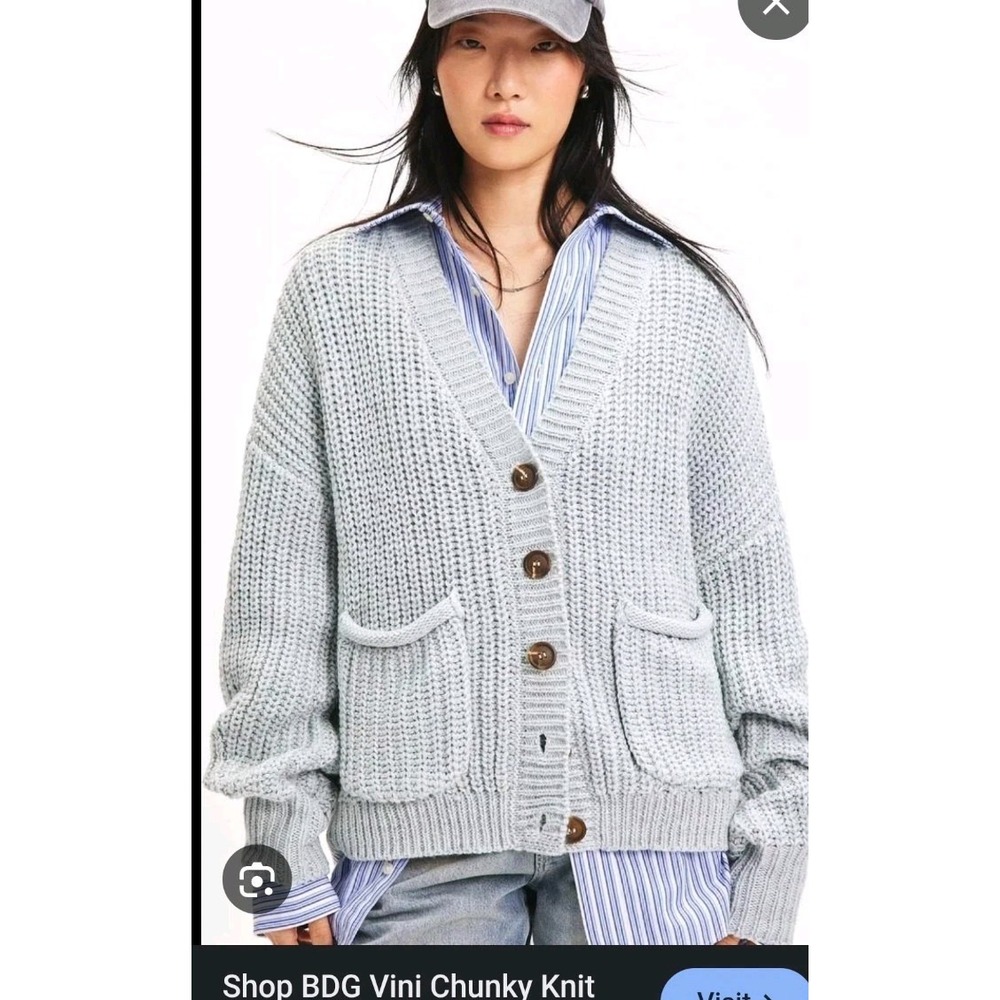 BDG Vini Chunky Knit Cardigan Light Blue Oversized V-Neck Button Front Large